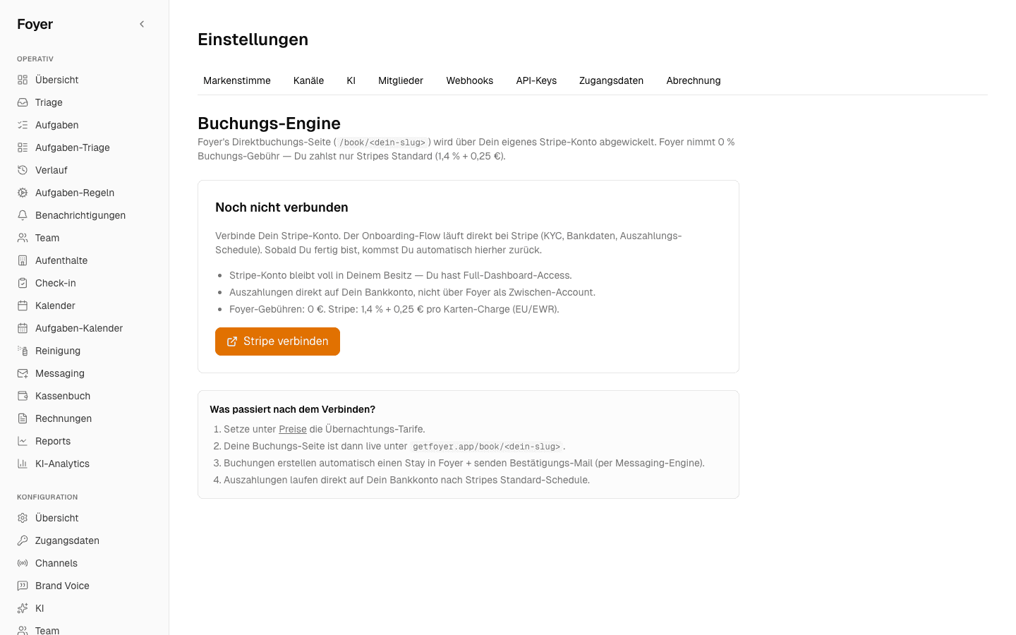 Foyer Operator-UI: Stripe-Connect-Onboarding für die Booking-Engine